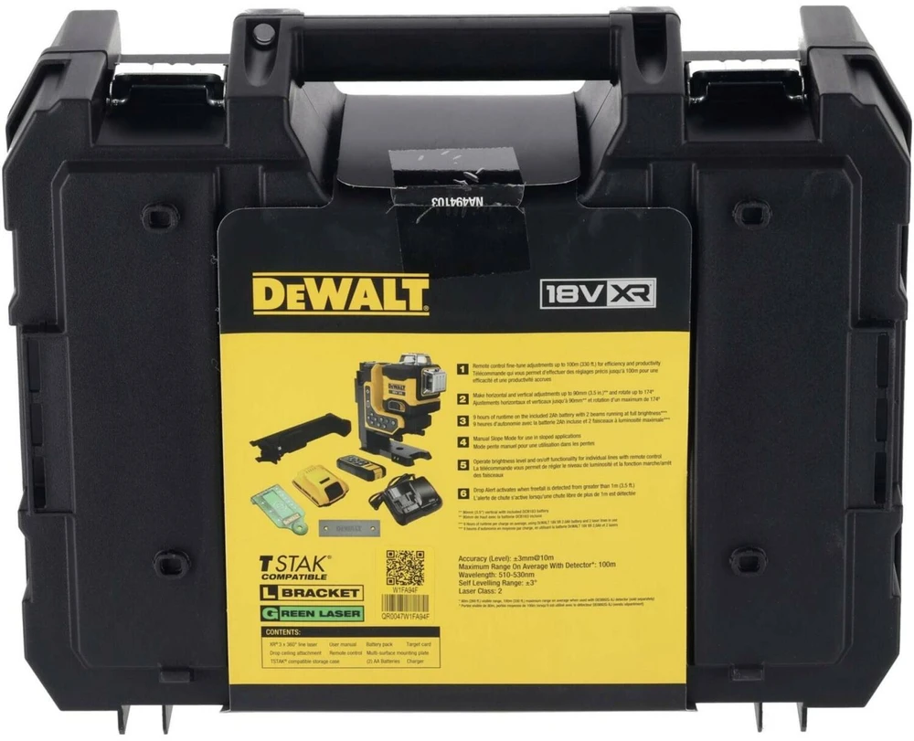 Dewalt 18V XR 3x360 žalias lazeris su nuotolinio valdymo pulteliu, 1x2Ah