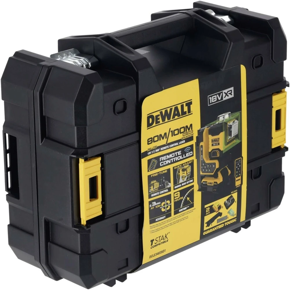 Dewalt 18V XR 3x360 žalias lazeris su nuotolinio valdymo pulteliu, 1x2Ah