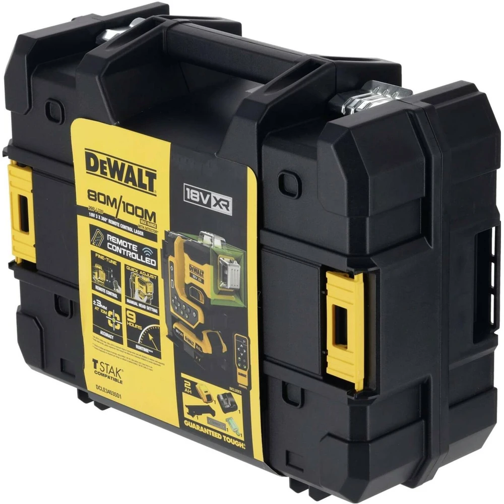 Dewalt 18V XR 3x360 žalias lazeris su nuotolinio valdymo pulteliu, 1x2Ah