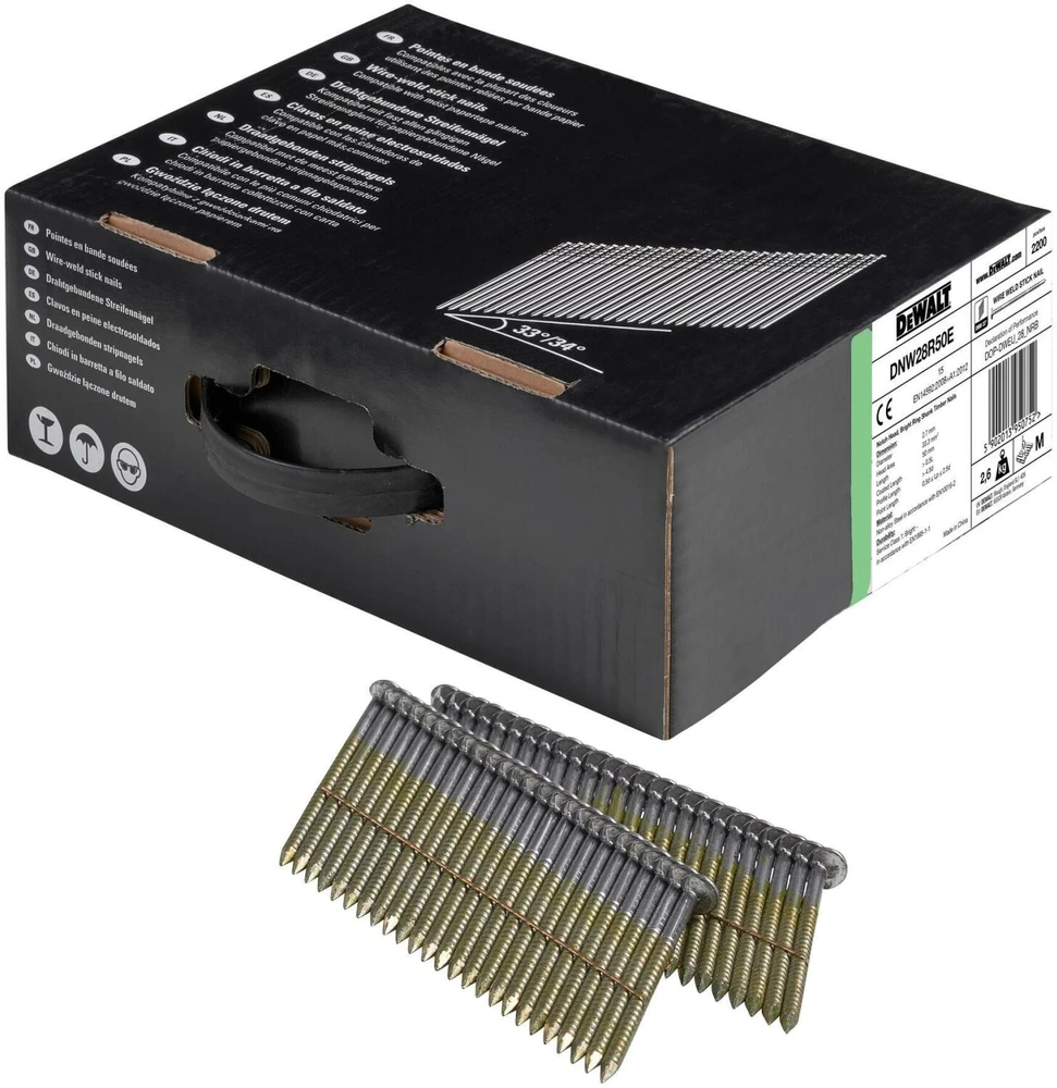 Dewalt Nagai DNW28R50E 50 mm, 2,8 mm, 33°, 2200 vnt., Žiedinė šaknis, Šviesus paviršius, Suderinamas su DPN9033-XJ