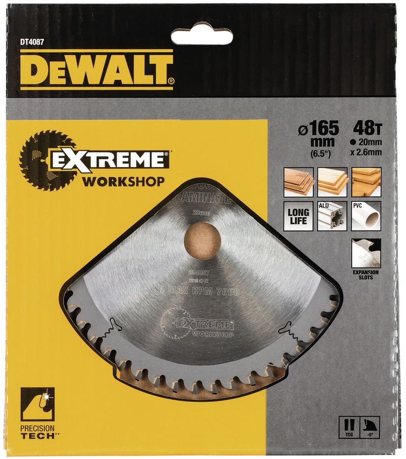 Pjovimo diskas medienai DeWalt; 165x2,6x20,0 mm; Z48; -5°