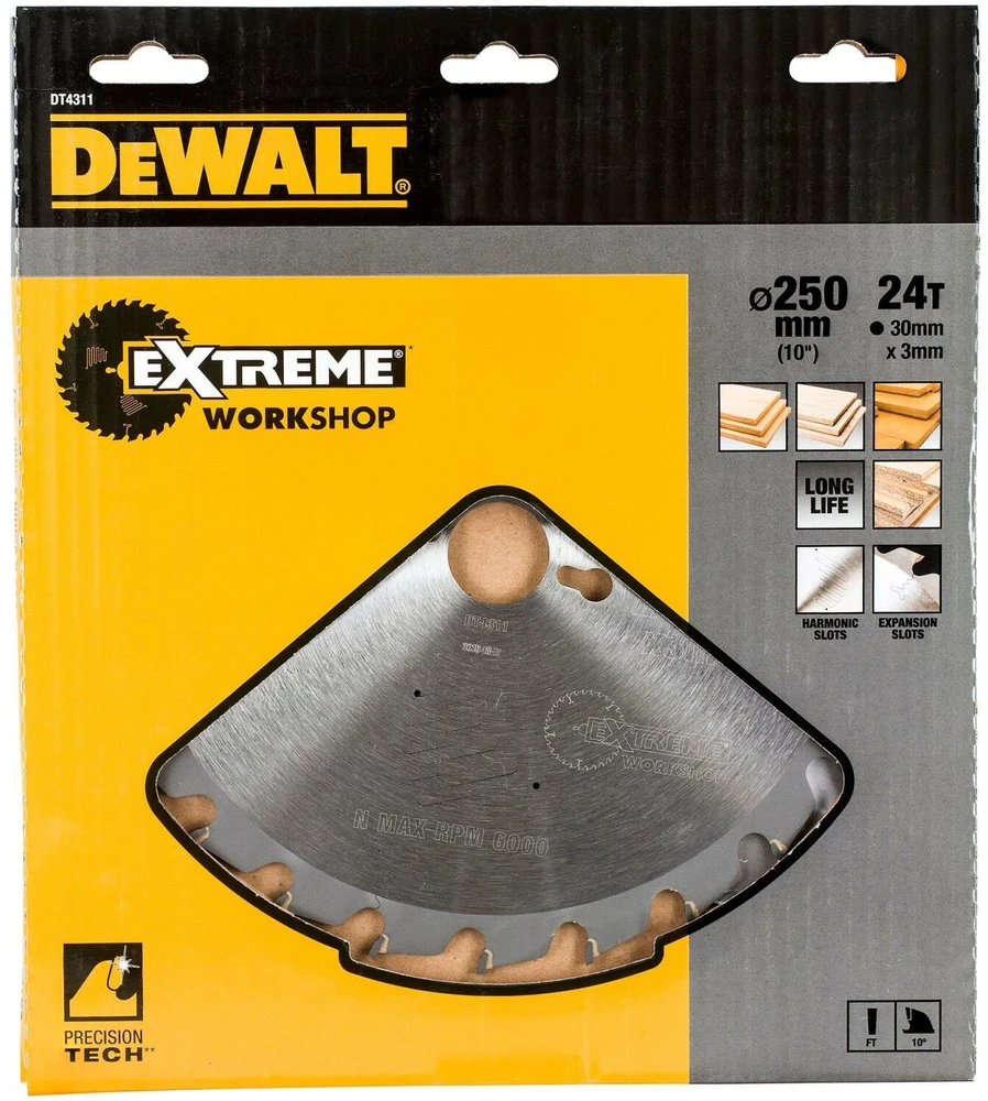 Pjovimo diskas medienai DeWalt; 250x3x30,0 mm; Z24; 10°