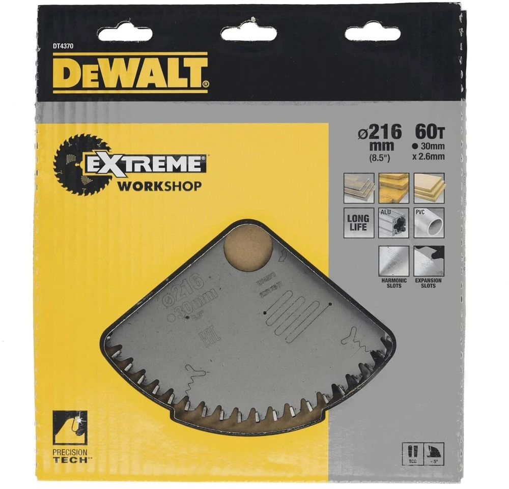 Diskinio pjūklo diskas, skirtas smulkiai pjauti medieną 216/30/2,6 mm, 60 dantų, EXTREME DeWALT [DT4370-QZ]
