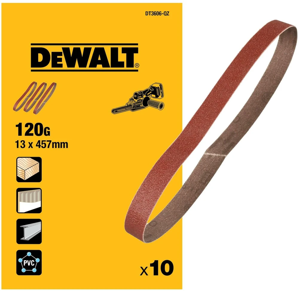 šlifavimo juostų rinkinys DeWalt DT3606-QZ; 13 mm; 457 mm; 120; 10 vnt.