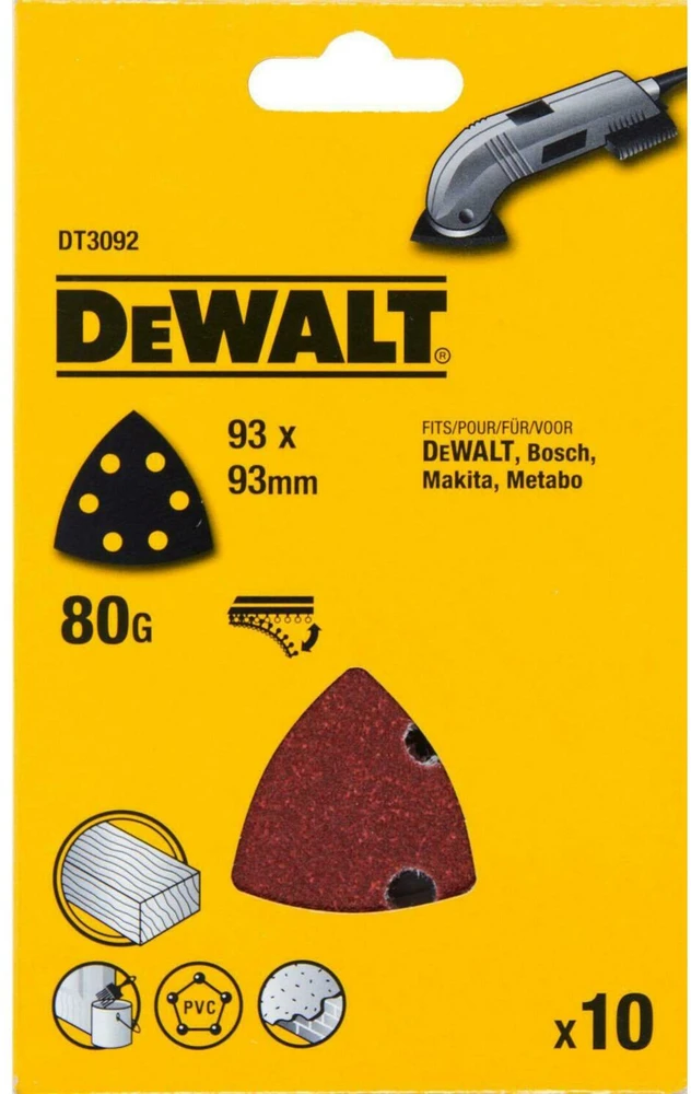 šlifavimo popierius tipas DELTA 93x93x93mm su Velcro, 6 skylės, grūdėtumas 80, DeWalt [DT3092-QZ] 10 vnt.