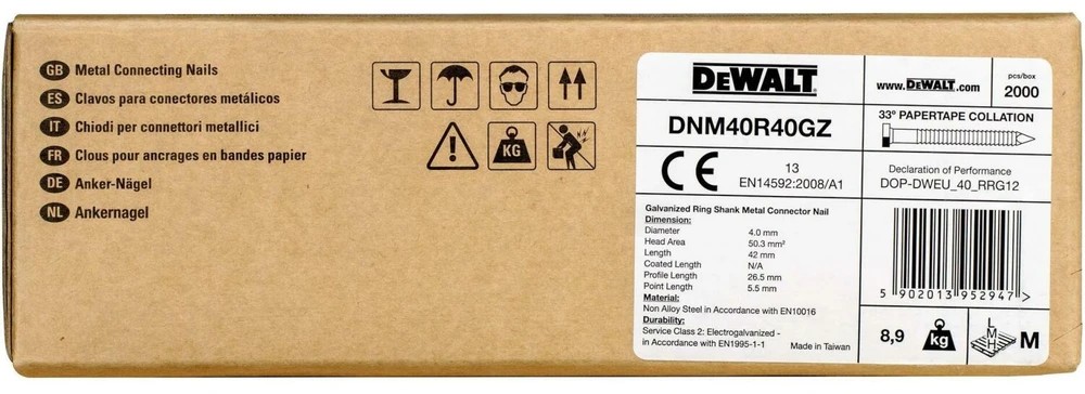Gwoździe kotwowe, łączone papierem, pierścieniowe, galwanizowane, 33°, klasa 2, średnica 4,0 mm, ilgis 40 mm, DeWalt [DNM40R40GZ]