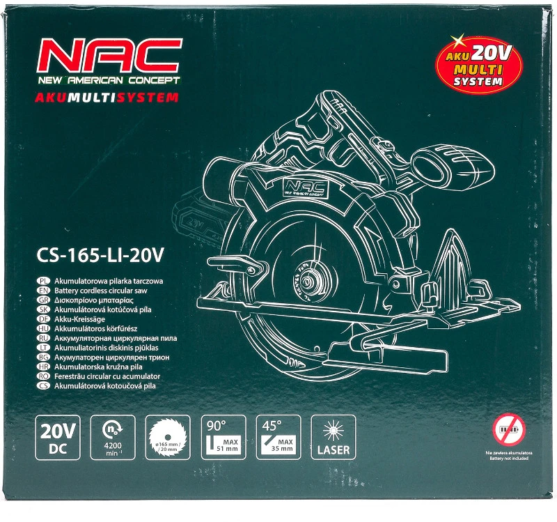 NAC diskinis pjūklas 20V 165mm be akumuliatoriaus ir kroviklio