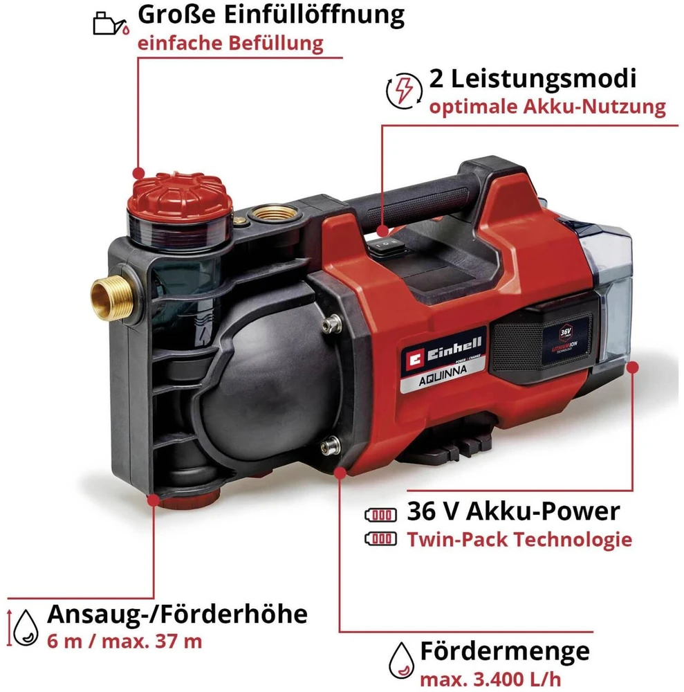 Einhell AQUINNA 36/34, Baterija, 3.7 bar, 3400 l/h, Juoda, Raudona - SOLO