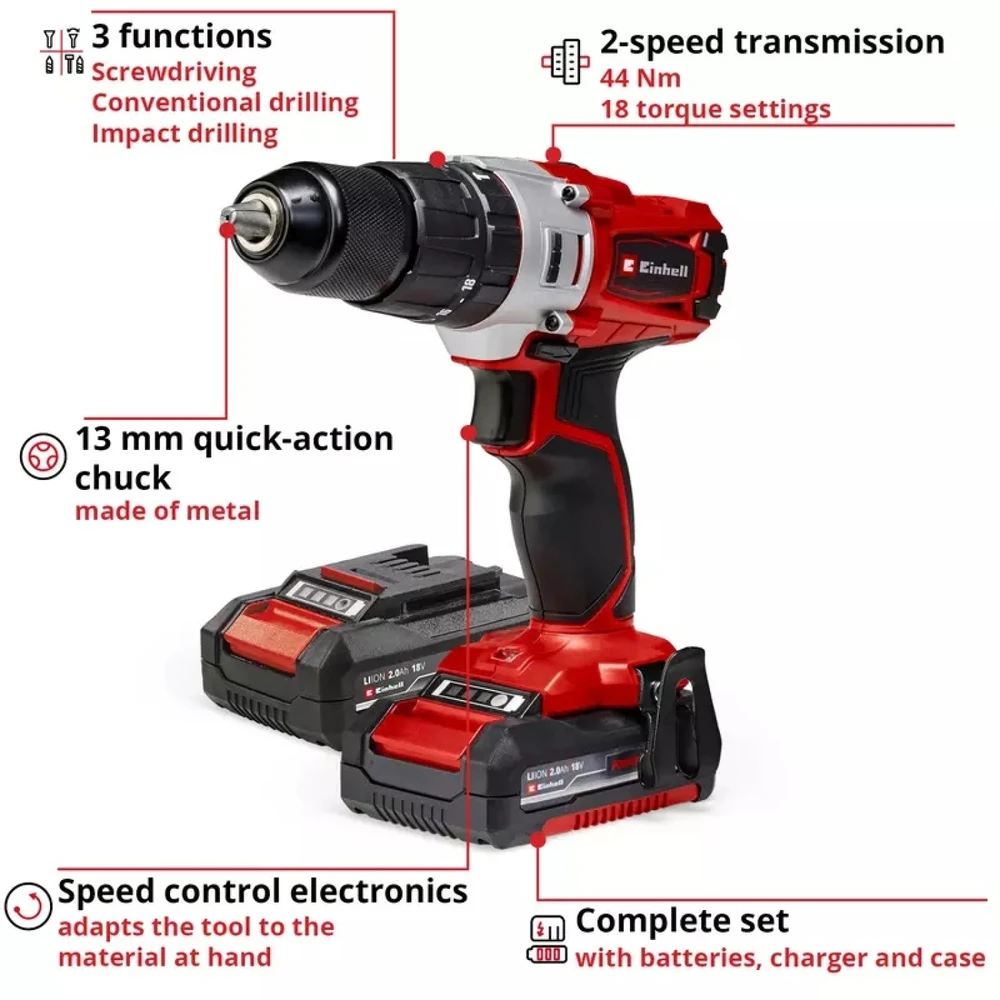 Belaidis Gręžtuvas - Einhell TE-CD 18/2 18V Be Raktelio 2 Greičių Raudonas, Juodas