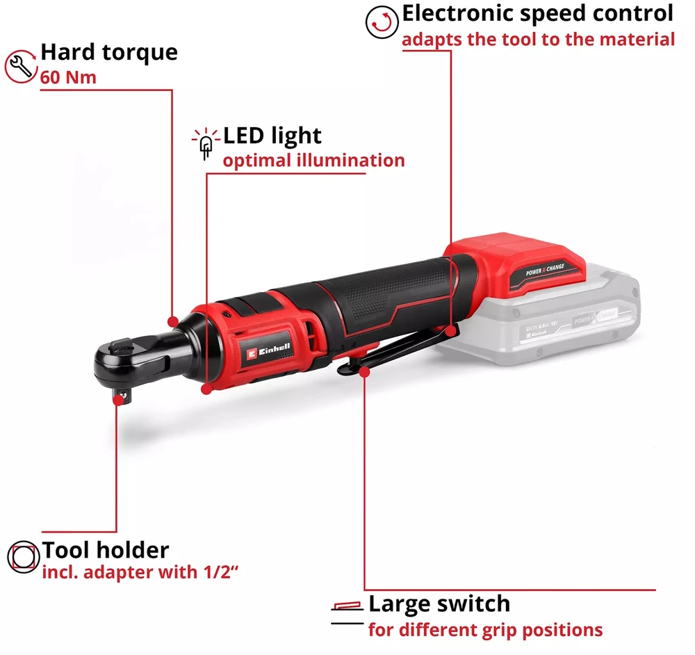 Einhell TE-RW 18/60 Li-Solo 3/8" 260 RPM 60 N⋅m Juodas, Raudona 18 V
