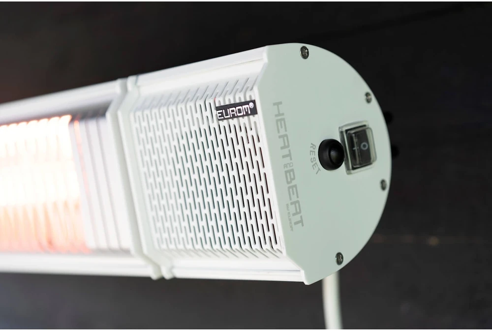 Elektrinis infraraudonųjų spindulių terasos šildytuvas su Bluetooth kolonėlėmis ir LED apšvietimu 2000W IP65 Heat and Beat Baltas Eurom