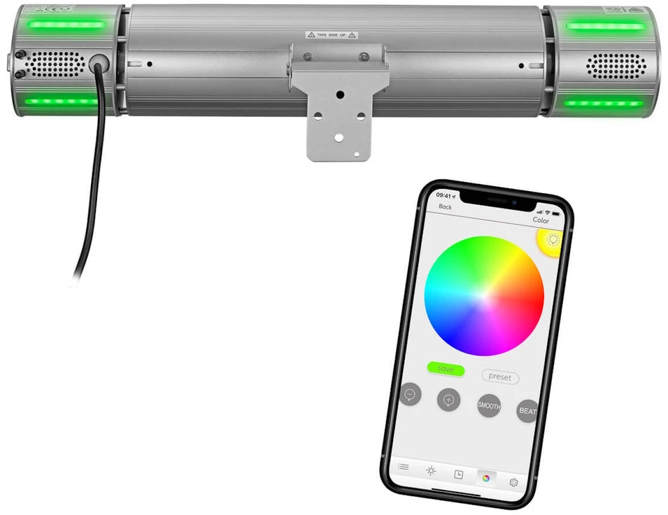 Elektrinis infraraudonųjų spindulių terasos šildytuvas su Bluetooth kolonėlėmis ir LED apšvietimu 2000W IP65 Heat and Beat Pilkas Eurom
