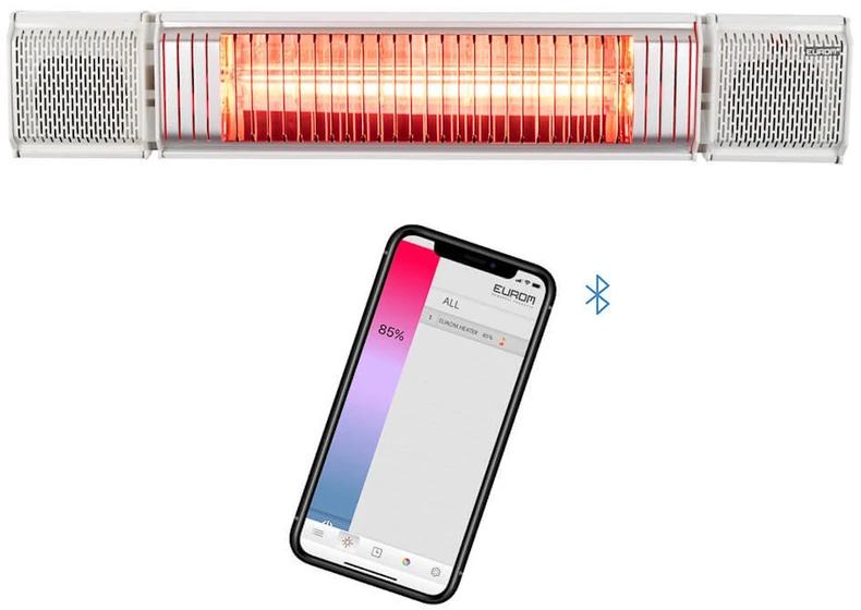 Elektrinis infraraudonųjų spindulių terasos šildytuvas su Bluetooth kolonėlėmis ir LED apšvietimu 2000W IP65 Heat and Beat Baltas Eurom