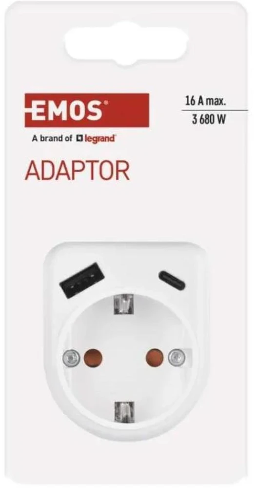 Emos Adapteris P0075, 1×, 1×USB-A 5V/2,4A/12W, 1×USB-C 5V/3A/15W, 3680W, IP20, vaikų apsauga