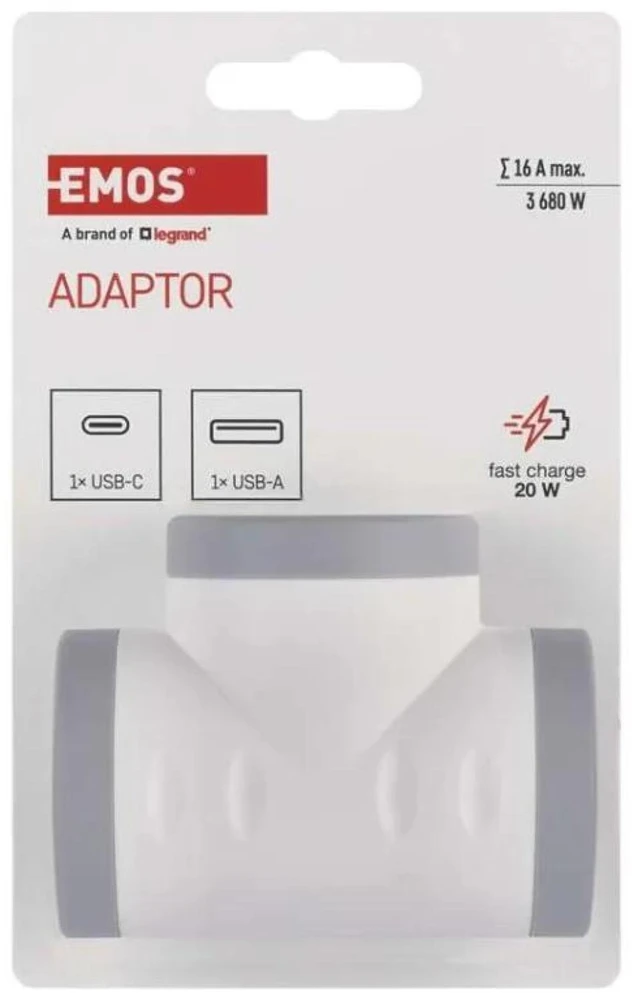 Emos Adapteris P0077PD, 2×2P+PE, 2×USB-A(QC20W), 1×USB-C(PD20W), 3680W, IP20, vaiko apsauga
