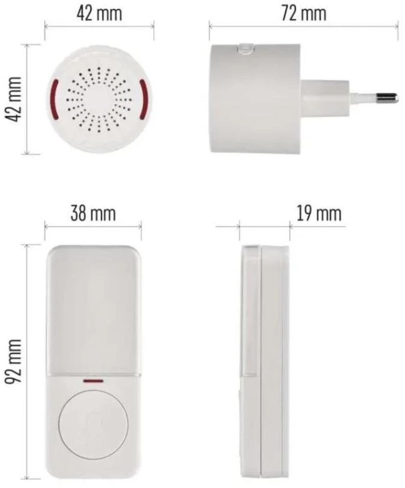 Emos Bevielis durų skambutis P5734, P5734, 150 m, 10 melodijų, 85 dB, IP56, 230 V AC, automatinis poravimas