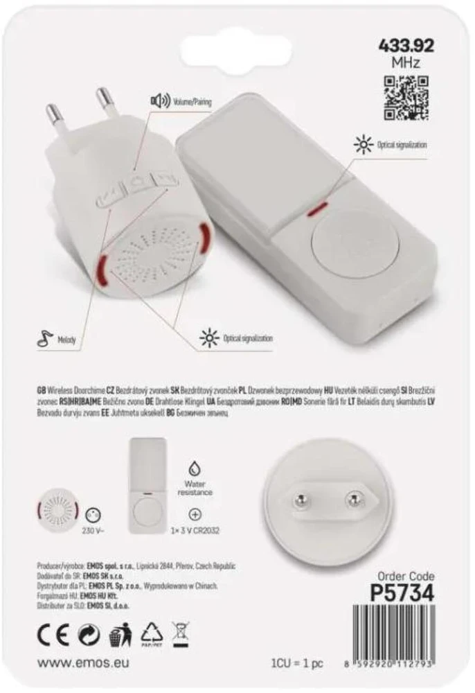 Emos Bevielis durų skambutis P5734, P5734, 150 m, 10 melodijų, 85 dB, IP56, 230 V AC, automatinis poravimas