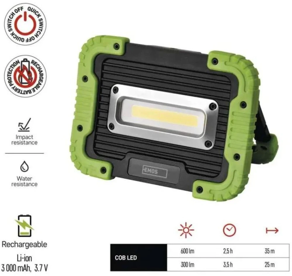 Nešiojamas COB LED šviestuvas, 600lm, įkraunamas, 3000mAh, su POWERBANK, IP44, EMOS