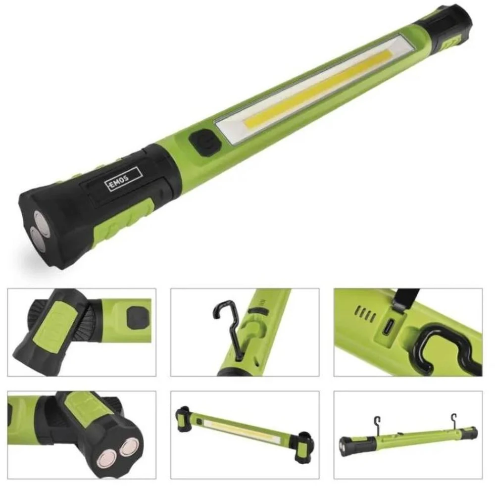 Emos COB LED Įkraunama Darbo Lempa P4545, 1000 lm, 2600 mAh, 2 režimai, 2 kabliai, 4 magnetai, USB-C