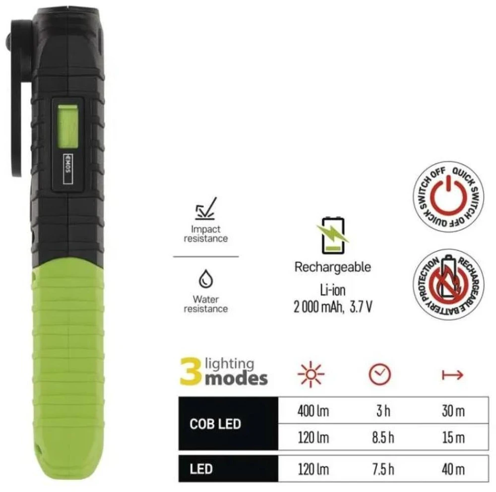EMOS įkraunama LED darbo lempa 400 lm, IP43, 2000 mAh, P4531