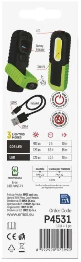 EMOS įkraunama LED darbo lempa 400 lm, IP43, 2000 mAh, P4531