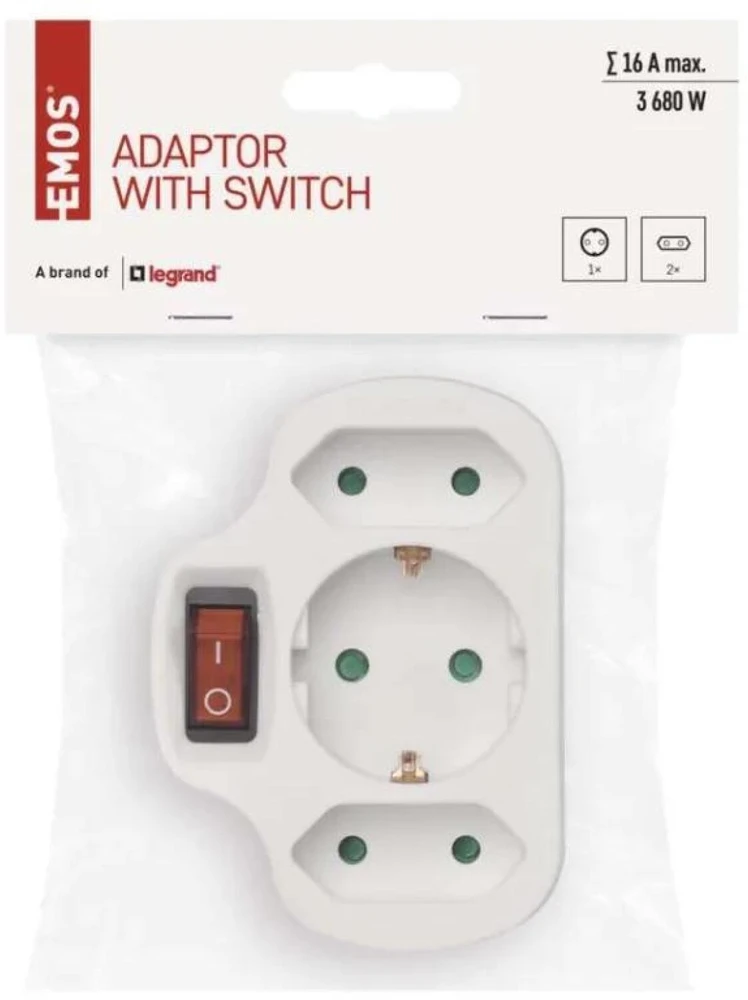 Emos Daugiafunkcinė kištukinė su jungikliu P00282, 1x2P+PE+2x2P, 3 680 W, IP20, vaikų apsauga