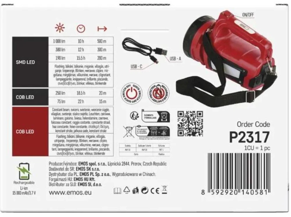 EMOS LED Rechargeable Flashlight P2317, 1000 lm, 15000 mAh
