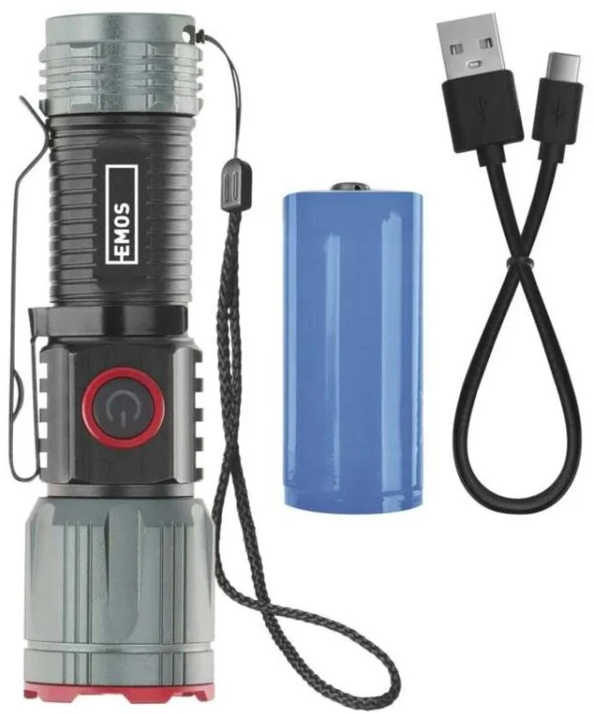 Emos įkraunamas metalinis žibintas P3120, 300 lm, 700 mAh, 4 režimai, IP43, USB-C, 100 m spindulio atstumas