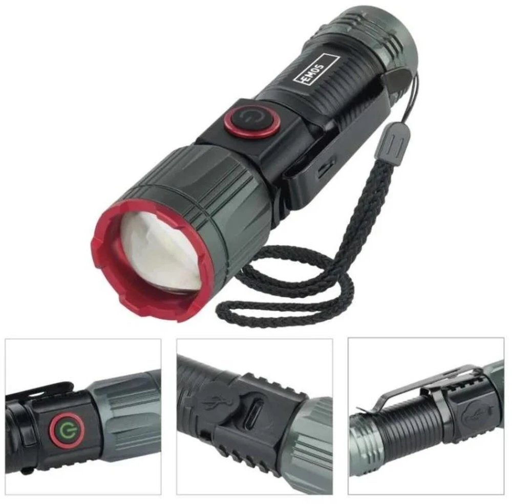 Emos įkraunamas metalinis žibintas P3120, 300 lm, 700 mAh, 4 režimai, IP43, USB-C, 100 m spindulio atstumas