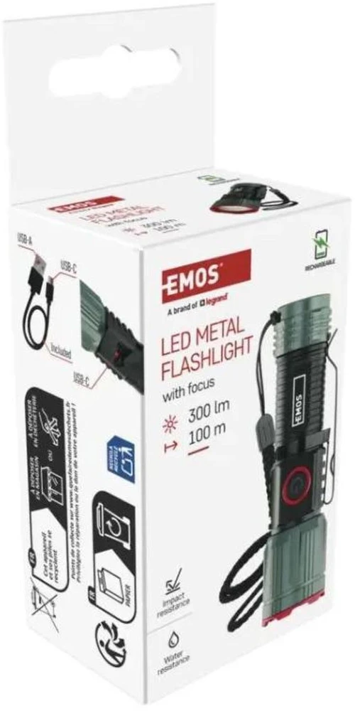 Emos įkraunamas metalinis žibintas P3120, 300 lm, 700 mAh, 4 režimai, IP43, USB-C, 100 m spindulio atstumas