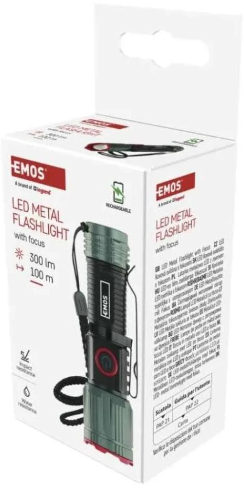 Emos įkraunamas metalinis žibintas P3120, 300 lm, 700 mAh, 4 režimai, IP43, USB-C, 100 m spindulio atstumas