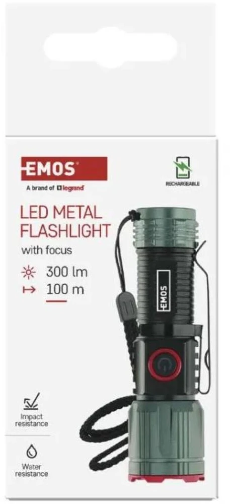 Emos įkraunamas metalinis žibintas P3120, 300 lm, 700 mAh, 4 režimai, IP43, USB-C, 100 m spindulio atstumas