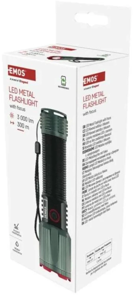Emos įkraunamas metalinis žibintas P3122, 3000 lm, 5000 mAh, IP43, 4 režimai, USB-C, smūgiams atsparus, powerbank funkcija
