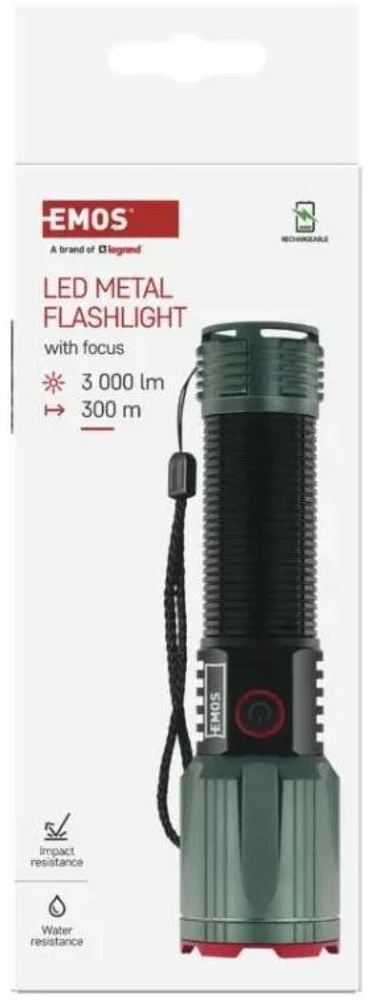 Emos įkraunamas metalinis žibintas P3122, 3000 lm, 5000 mAh, IP43, 4 režimai, USB-C, smūgiams atsparus, powerbank funkcija