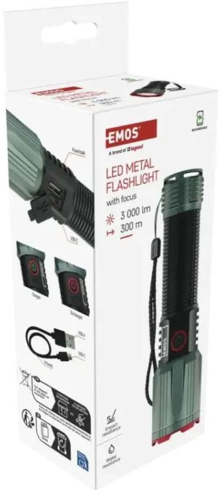 Emos įkraunamas metalinis žibintas P3122, 3000 lm, 5000 mAh, IP43, 4 režimai, USB-C, smūgiams atsparus, powerbank funkcija