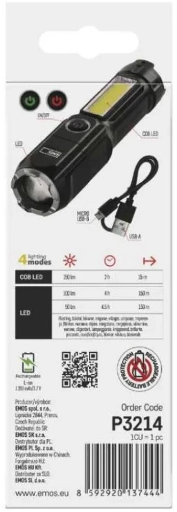 Emos įkraunamas žibintuvėlis P3214, 150 lm, 1200 mAh, 80 g, IP44, 4 režimai, Micro USB, smūgiams atsparus