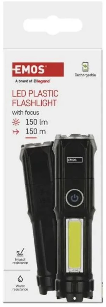 Emos įkraunamas žibintuvėlis P3214, 150 lm, 1200 mAh, 80 g, IP44, 4 režimai, Micro USB, smūgiams atsparus
