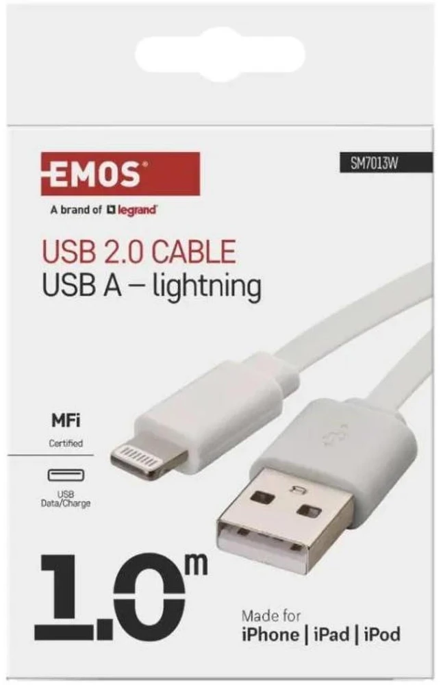 Emos USB-A 2.0 / Lightning MFi charging/data cable, 1 m, baltas
