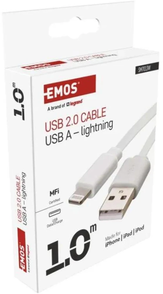 Emos USB-A 2.0 / Lightning MFi charging/data cable, 1 m, baltas