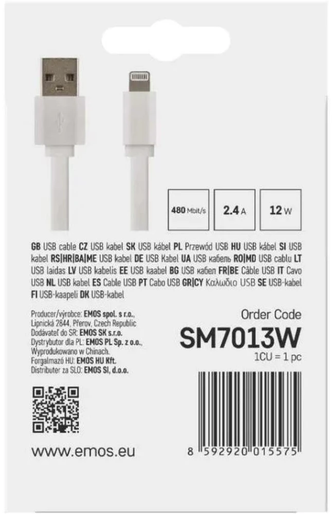 Emos USB-A 2.0 / Lightning MFi charging/data cable, 1 m, baltas
