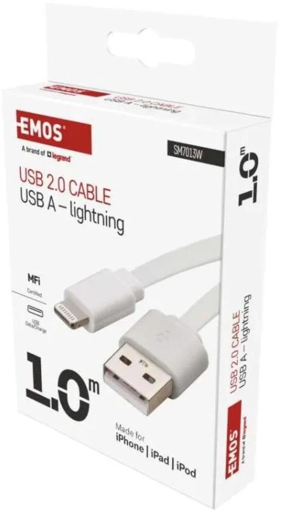 Emos USB-A 2.0 / Lightning MFi charging/data cable, 1 m, baltas