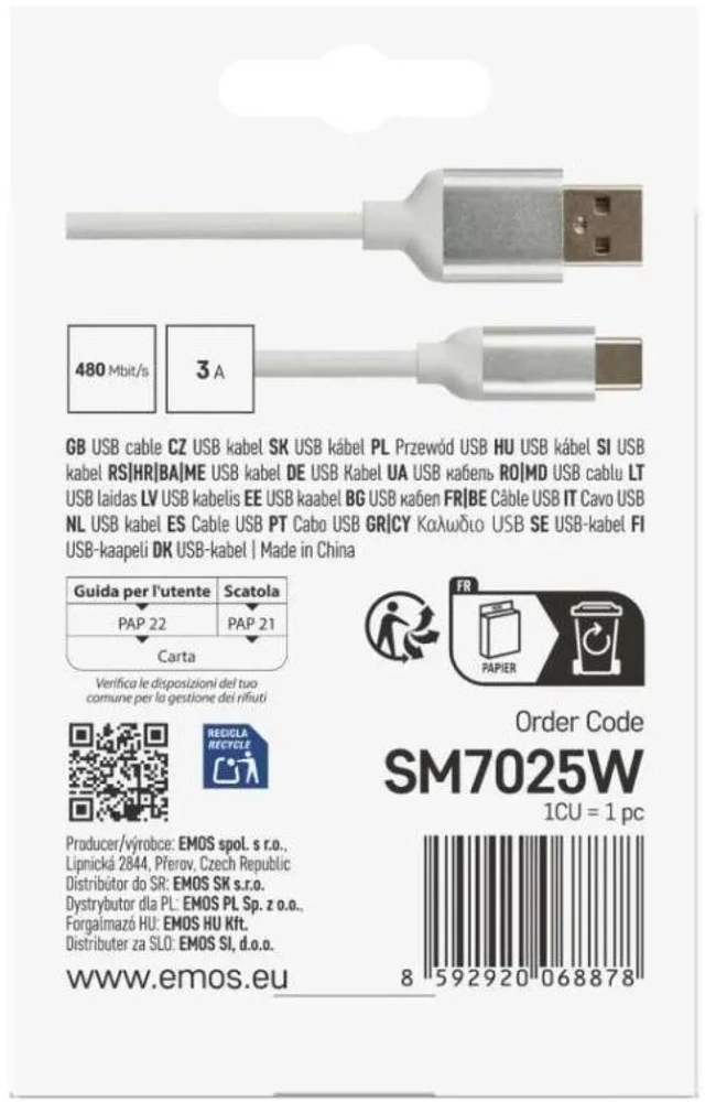 Emos USB-A 2.0 / USB-C 2.0 charging/data cable, 1m, baltas
