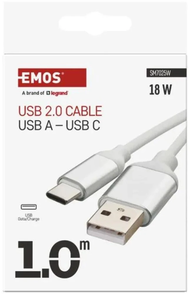 Emos USB-A 2.0 / USB-C 2.0 charging/data cable, 1m, baltas