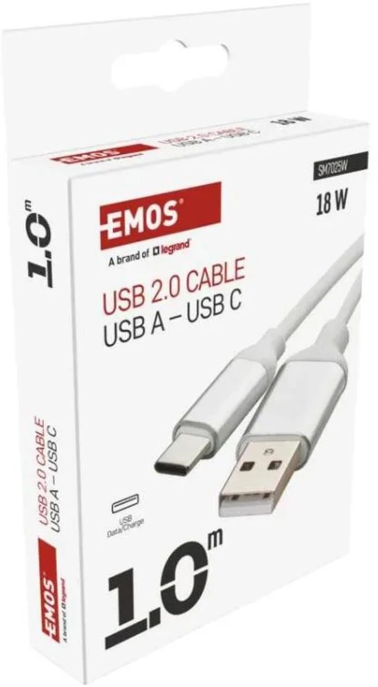 Emos USB-A 2.0 / USB-C 2.0 charging/data cable, 1m, baltas
