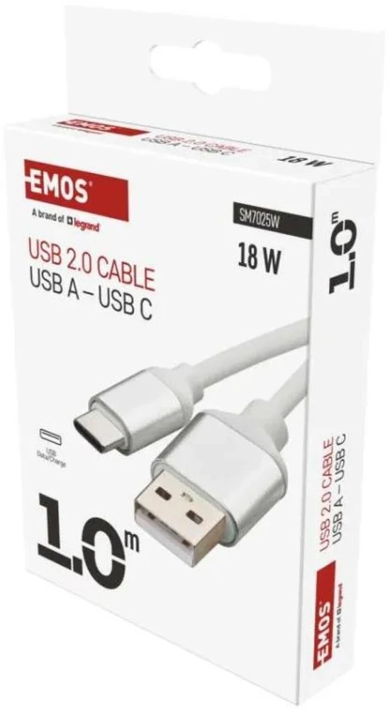 Emos USB-A 2.0 / USB-C 2.0 charging/data cable, 1m, baltas