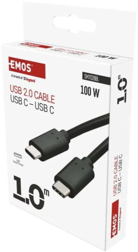 Emos Įkrovimo ir duomenų kabelis SM7028BL, 1m, 100W, 480 Mbit/s, USB-C-C, juodas