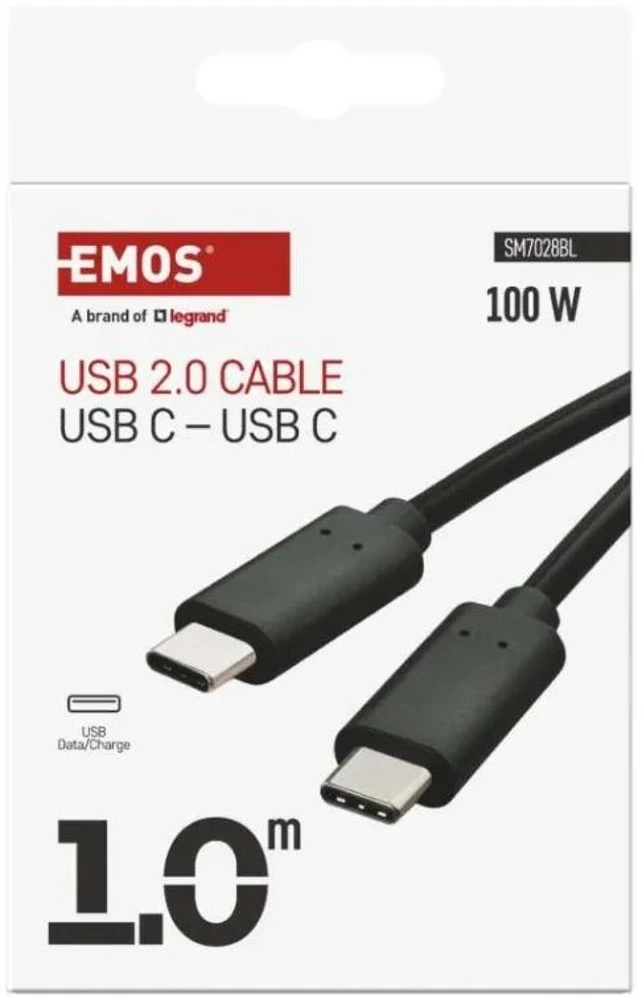 Emos Įkrovimo ir duomenų kabelis SM7028BL, 1m, 100W, 480 Mbit/s, USB-C-C, juodas
