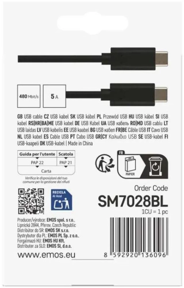Emos Įkrovimo ir duomenų kabelis SM7028BL, 1m, 100W, 480 Mbit/s, USB-C-C, juodas