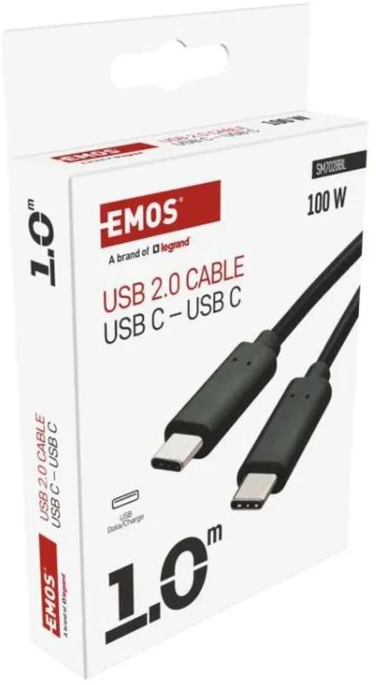 Emos Įkrovimo ir duomenų kabelis SM7028BL, 1m, 100W, 480 Mbit/s, USB-C-C, juodas