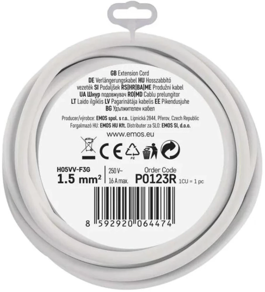 Emos Ilgintuvas P0123R, 3 m, 1×2P+PE SCHUKO, 3 680 W, PVH, vaiko apsauga